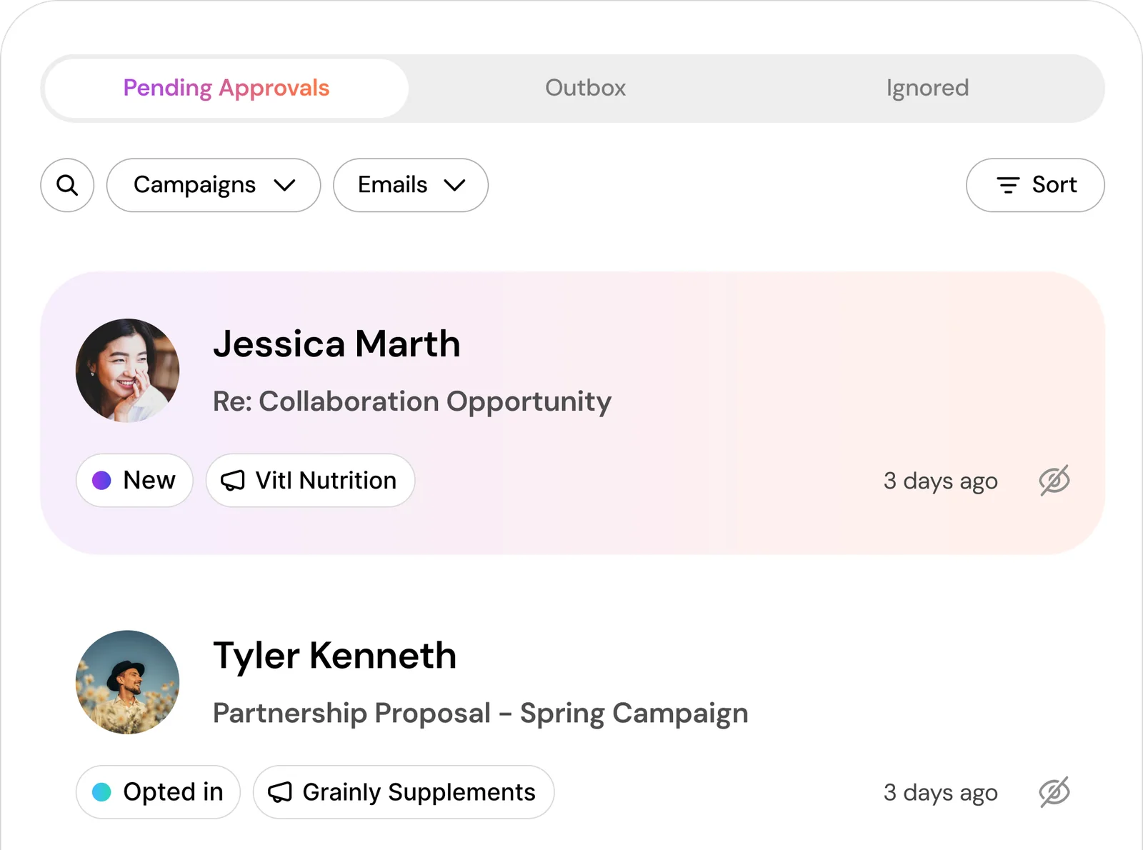 A Cheerful approvals queue showing influencer replies with their campaign, their status and how long they have been waiting