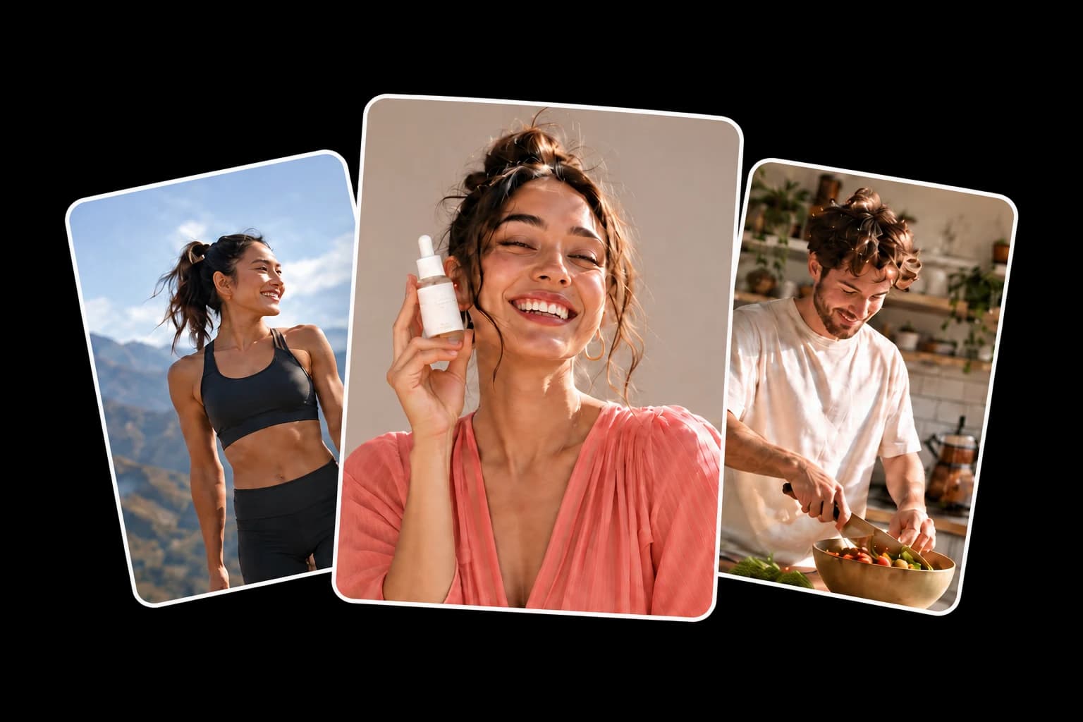 Three example creators: a fitness creator in the mountains, a skincare creator, and a cooking creator in his kitchen.
