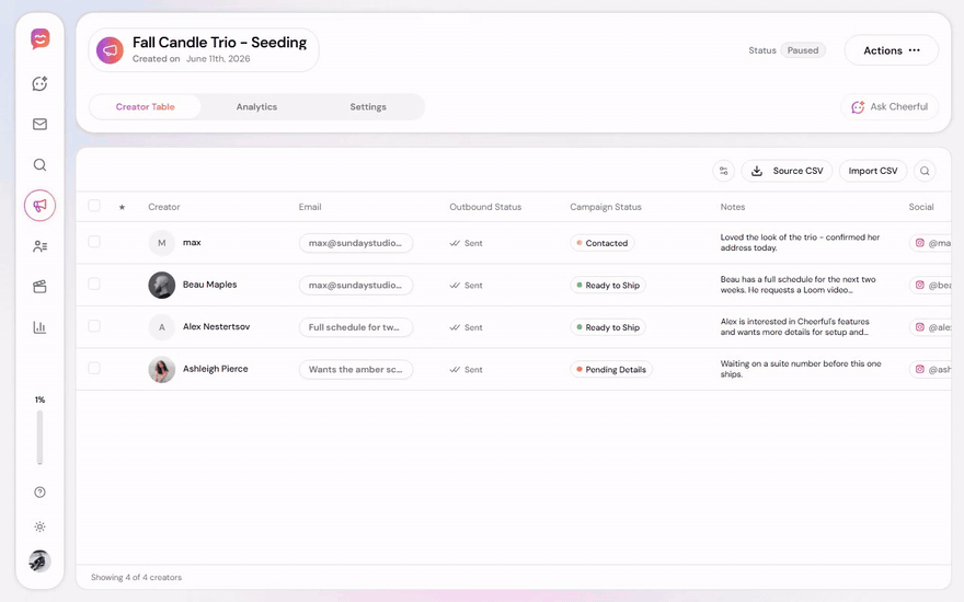 Automatic order entry in Cheerful: a creator’s shipping address collected in conversation prefills a Shopify draft order with the product catalog ready