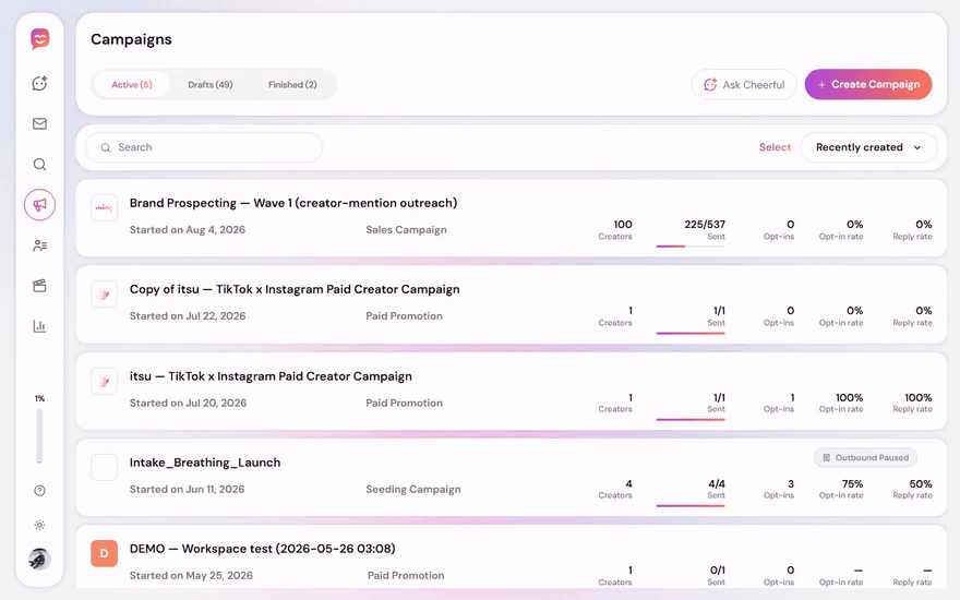 Creating an influencer seeding campaign by chat in Cheerful: the brief is typed in plain English and the agent asks one clarifying question before setting everything up