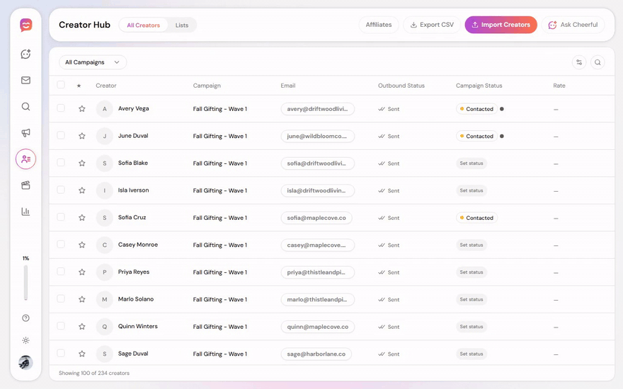 Cheerful’s influencer CRM creator table during a live seeding campaign: outbound status, campaign status, and notes per creator updating as statuses change
