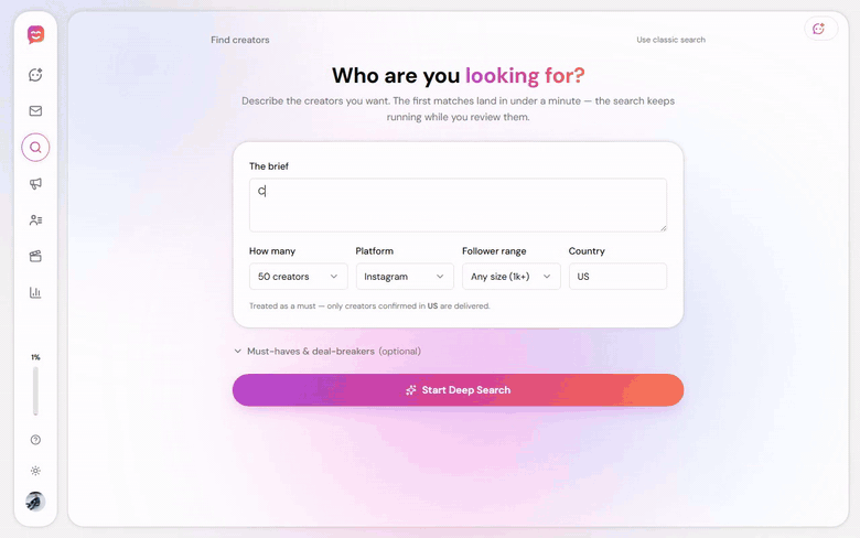 Cheerful Deep Search building a PR list: a plain-language creator brief is typed, then matching creator cards are swiped right to keep or left to pass