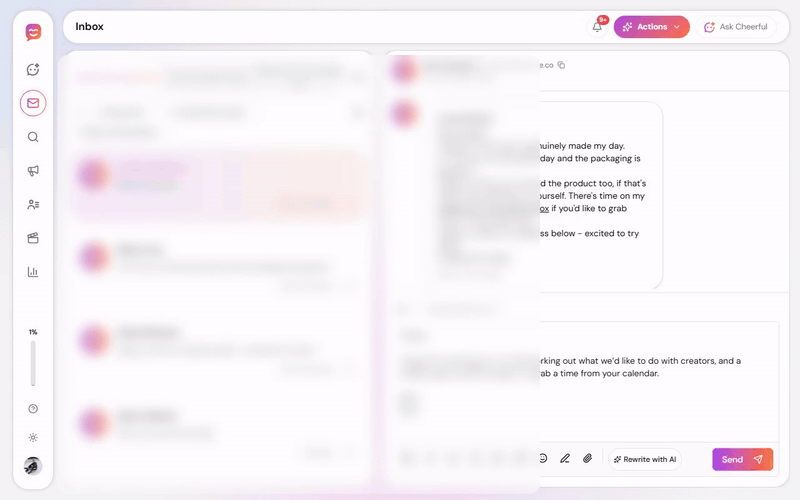 Cheerful Insights in the mail view drafting a warm, no-pressure follow-up message for a gifted creator, with notes on why the wording works