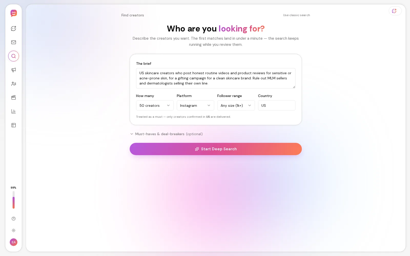 Cheerful Deep Search brief form: a plain-English description of US skincare creators for a gifting campaign, with creator count, platform, follower range and country filters