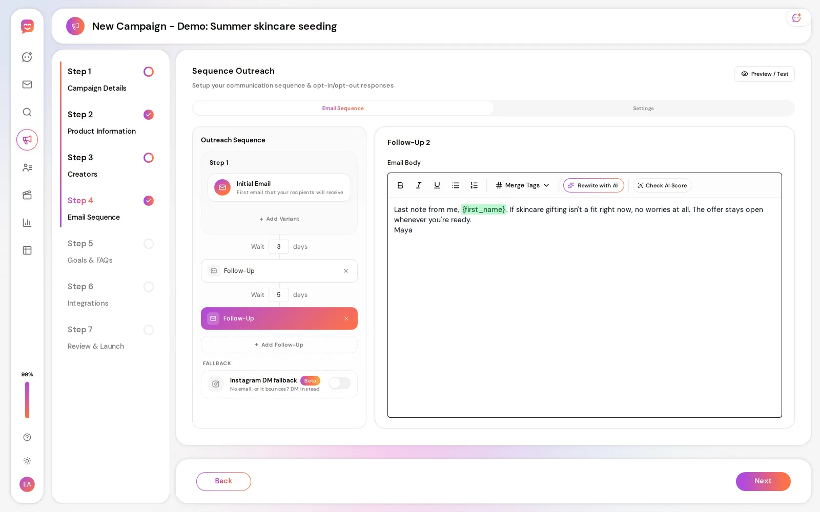 Cheerful outreach sequence editor with an initial email and two follow-ups, set to wait 3 days and then 5 days, editing a short final follow-up message