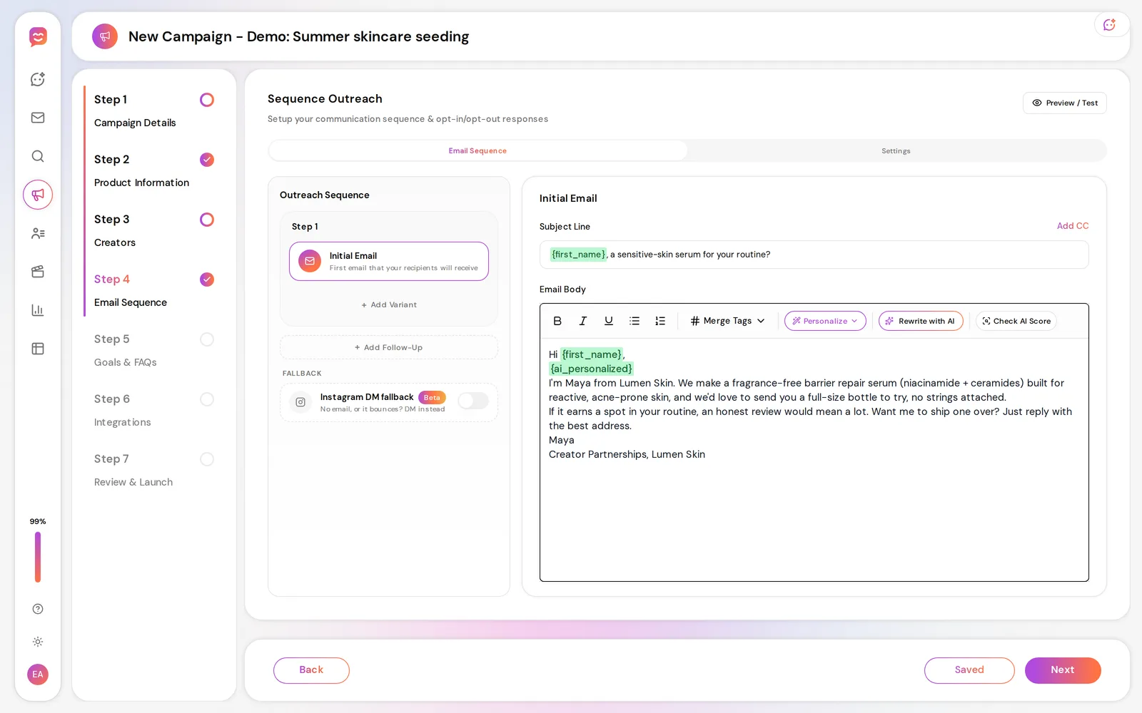 Cheerful campaign builder with a gifting outreach email that uses a first-name merge tag and an AI-personalised opener tag, with Personalize, Rewrite with AI and Check AI Score tools above the body