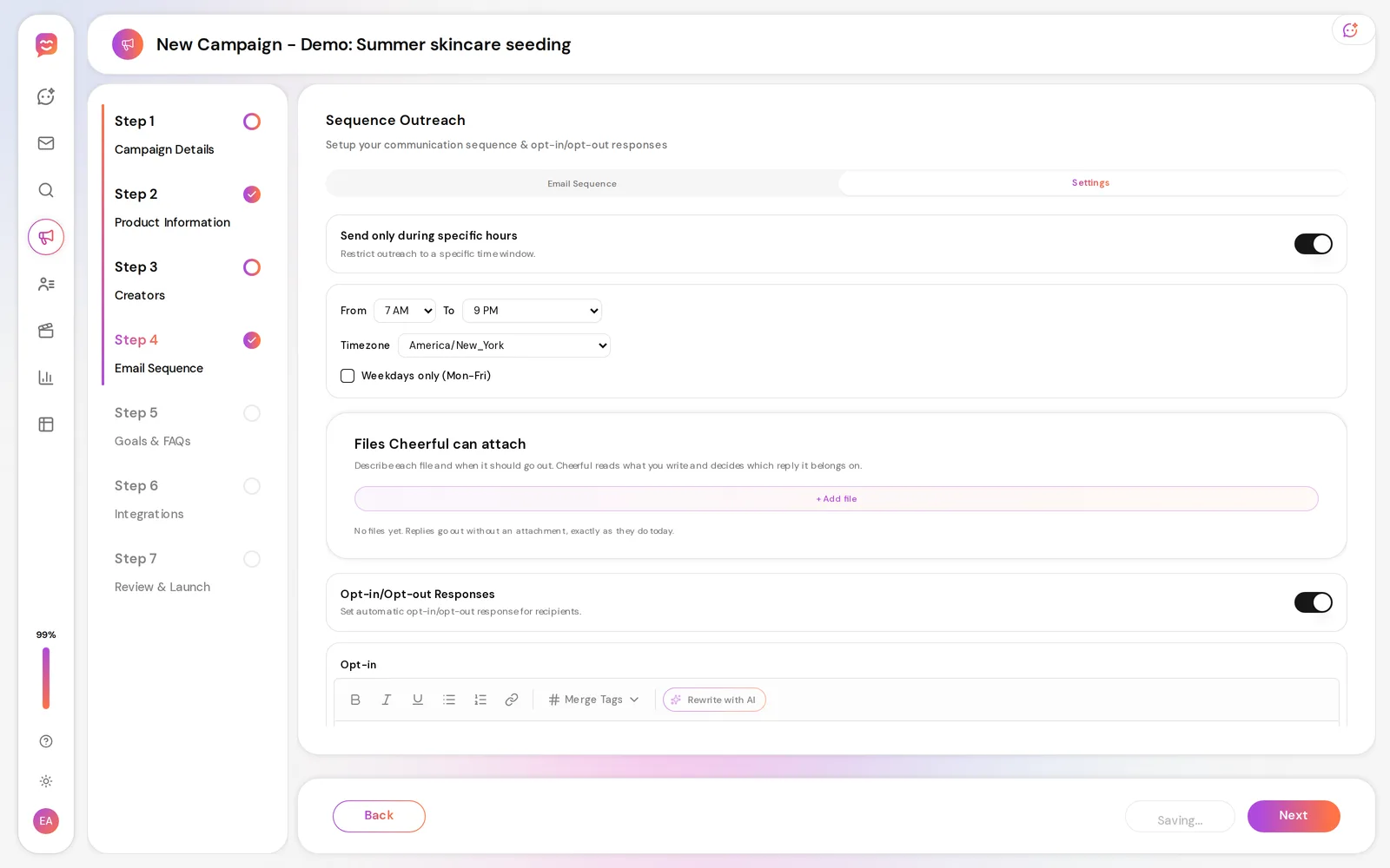 Cheerful campaign sending settings: send only between 7 AM and 9 PM in the America/New_York time zone, an optional weekdays-only switch, files the AI may attach to replies, and automatic opt-in and opt-out responses