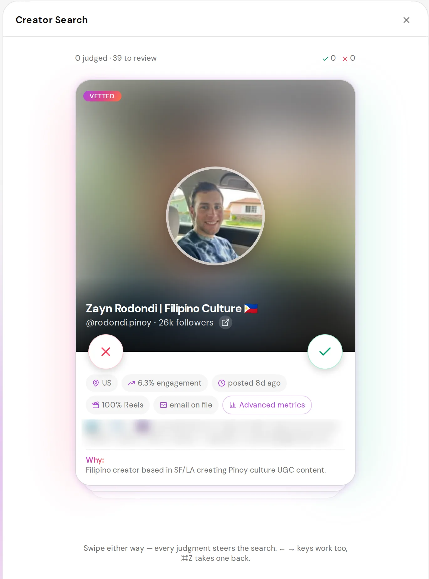 Cheerful swipe deck reviewing a vetted Instagram creator card showing location, engagement rate, follower count, posting recency, Reels share and the reason the creator matched the brief