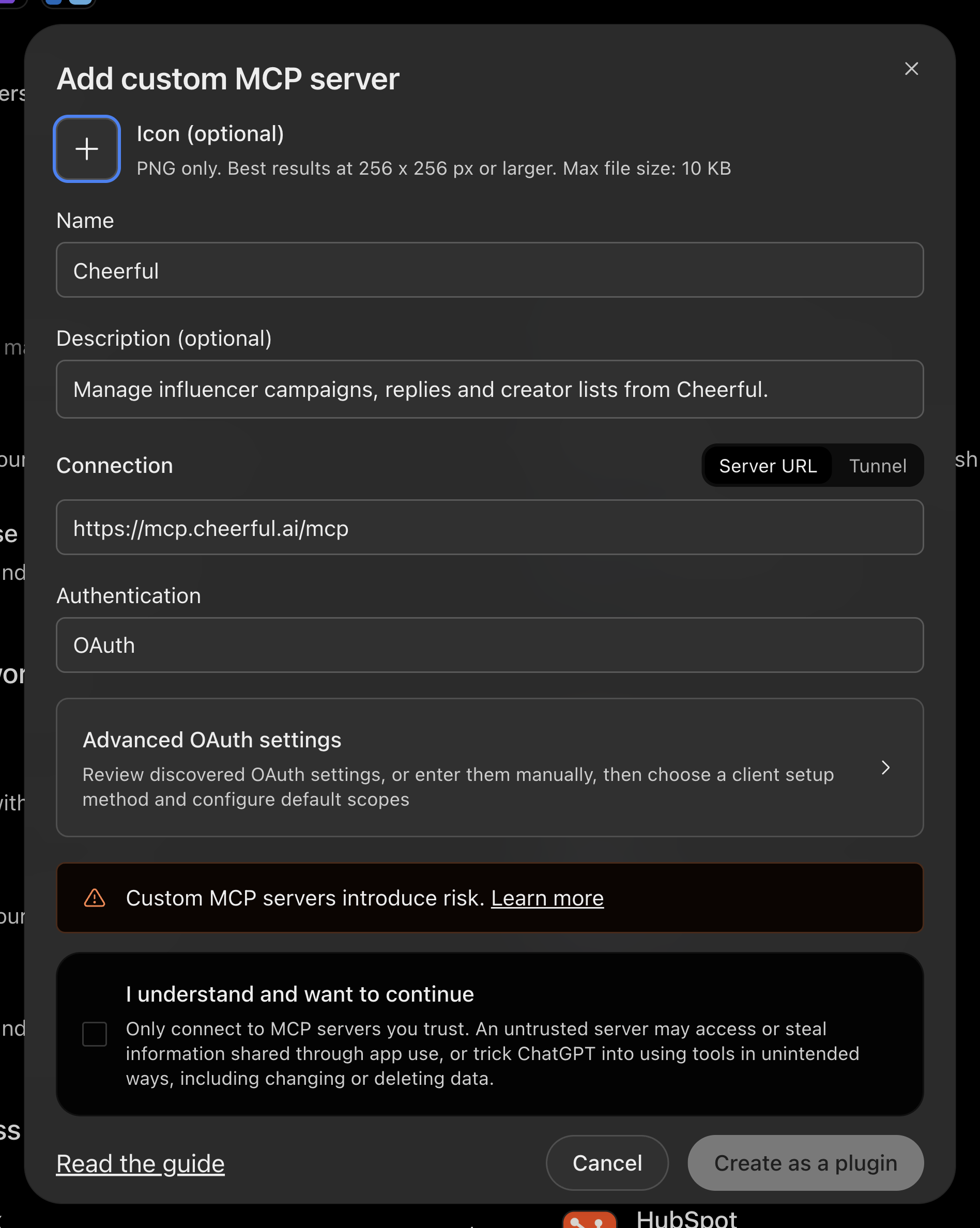 Complete ChatGPT setup form showing the Cheerful name, server URL, OAuth option, acknowledgement and Create as a plugin button.