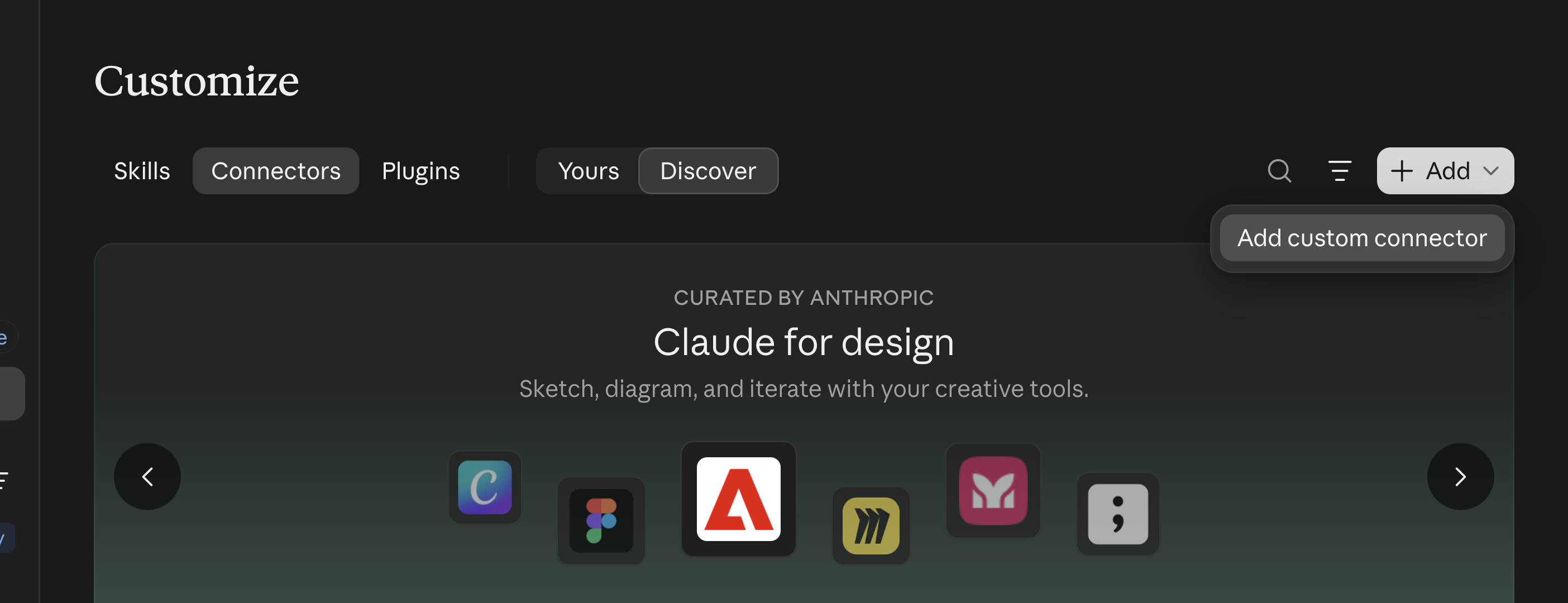 Claude Connectors page with Add custom connector in the Add menu.