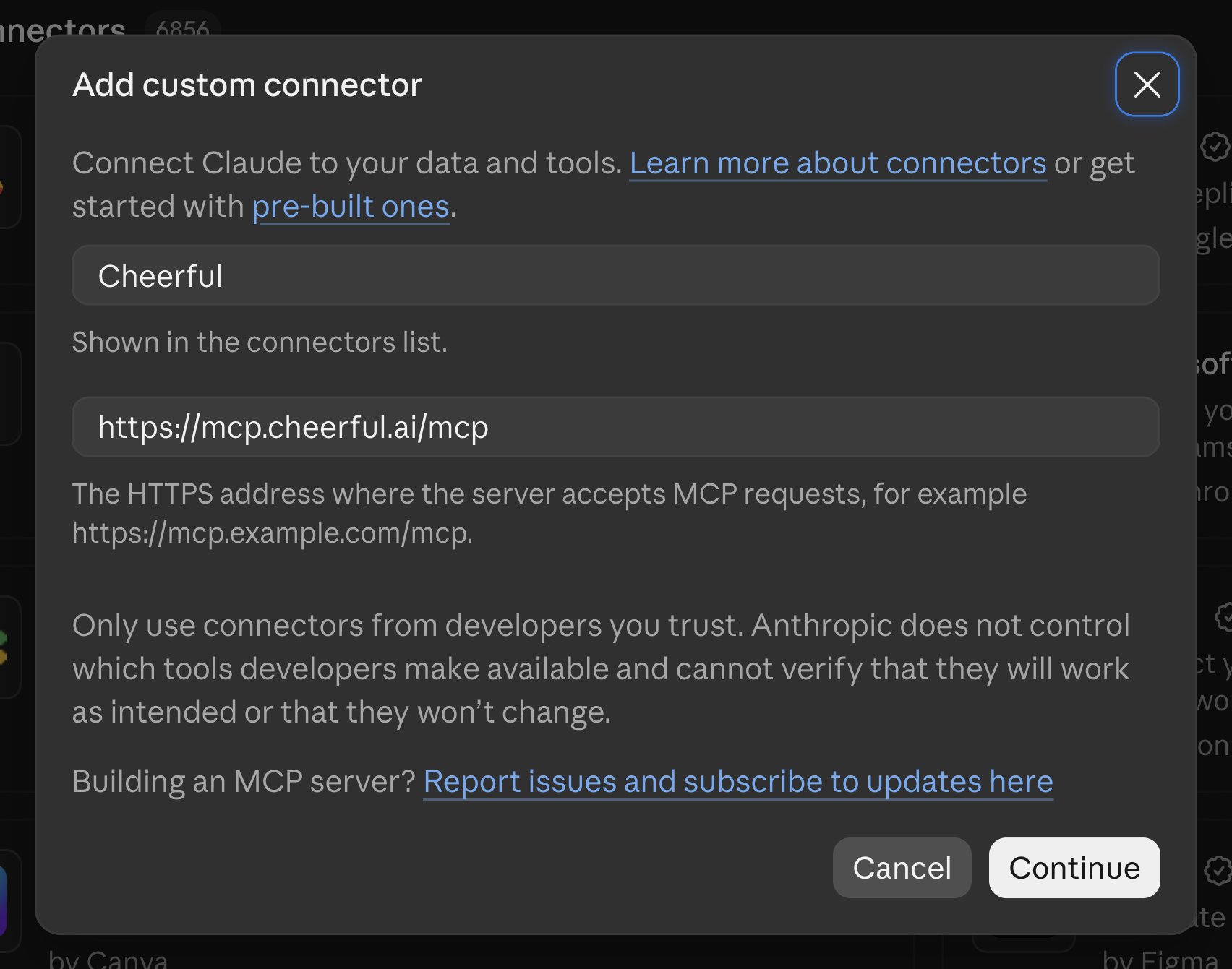 Claude setup form with the Cheerful name, MCP server URL and Continue button.