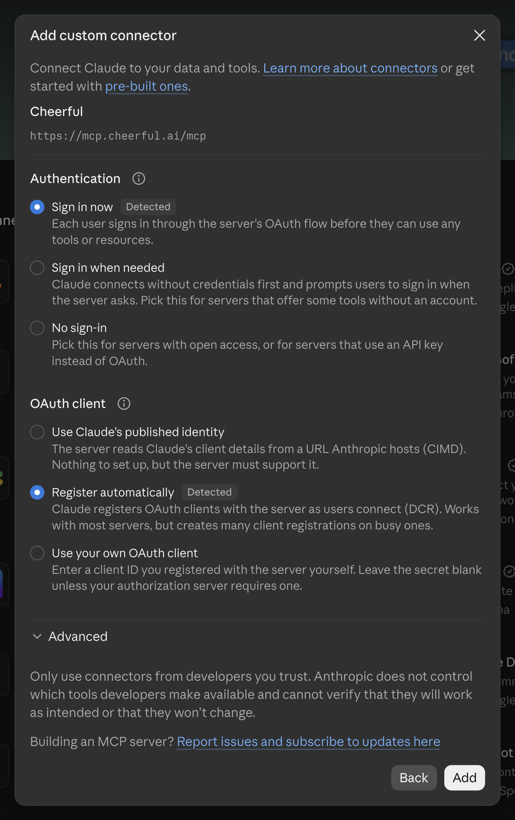 Complete Claude authentication form showing Sign in now, Register automatically and Add.